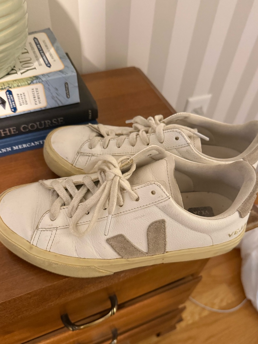 Veja White Leather Sneakers with Beige Suede V Detail - size 8